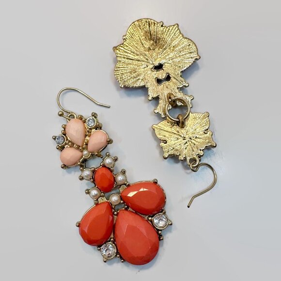 Boho Earrings, Peach, Rhinestone, Faux Pearl, Vintage, Long, 90s, Gold Tone - Picture 3 of 4